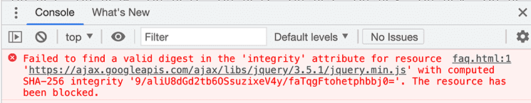 Error message - Failed to find a valid digest in the integrity attribute for resource